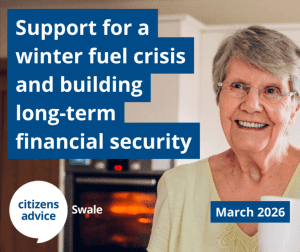 Image featuring a smiling older woman indoors beside a heater, with text reading ‘Support for a winter fuel crisis and building long-term financial security’ and ‘March 2026.’